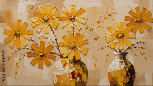 Golden Blooms in Textured Vases-A Stunning Floral Still Life Painting-Bring Warmth and Elegance to Your Home with this Captivating Artwork-Art for Wall Decor_