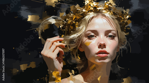Golden Crowned Beauty - AI Art Portrait of a Woman with Gold Leaf Accents - Stunning Digital Painting with Elegant Details and Rich Color Palette