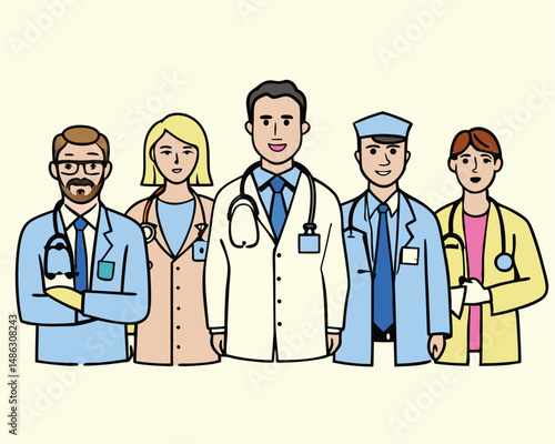 Vector Illustration of Diverse Medical Team of Doctors and Nurses – Healthcare Workers Group Portrait in Flat Cartoon Style for Hospital, Clinic, or Medical Services Design.