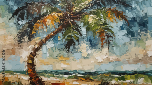 Impasto Palm Tree Painting on Canvas-Textured Tropical Seascape Art with Ocean View-Beach Scene Oil Painting for Coastal Decor-Gallery Wrapped Canvas Art Print