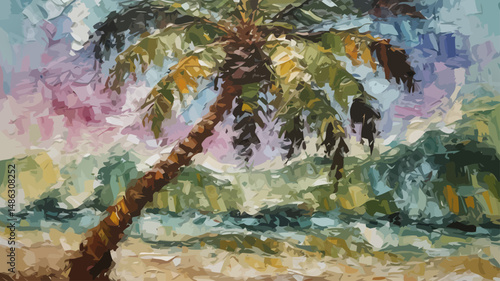 Impasto Palm Tree Painting on Canvas - Colorful Tropical Seascape Art - Textured Oil Painting of Beach Landscape - Modern Impressionist Style Artwork