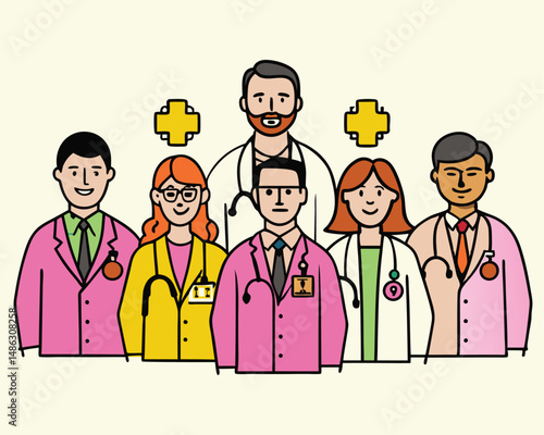 Vector Illustration of Diverse Medical Team of Doctors and Nurses – Healthcare Workers Group Portrait in Flat Cartoon Style for Hospital, Clinic, or Medical Services Design.