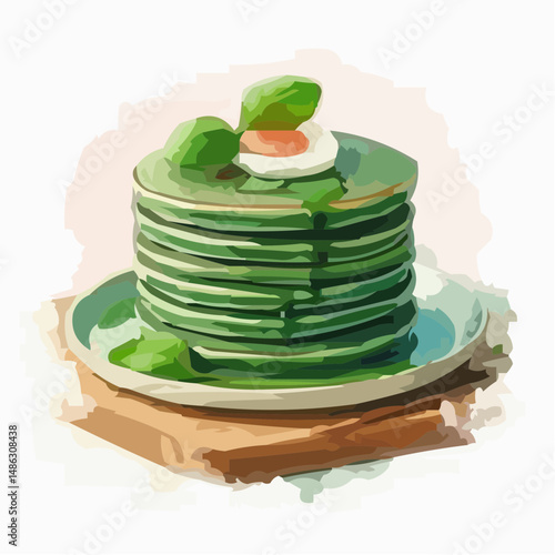 Stack of green pancakes with egg and mint on a plate  