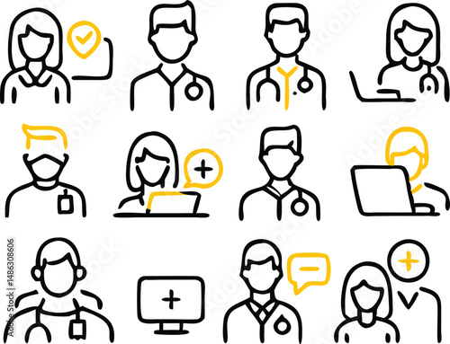 Medical Team Line Icons – Doctors, Nurses, and Healthcare Workers in Modern Minimalist Style Adobe Illustrator Artwork.