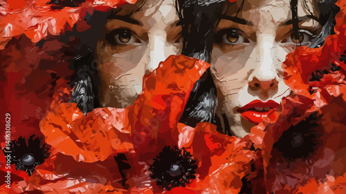 Poppy Portrait Painting-Oil on Canvas-Beautiful Woman with Red Flowers-Artistic Wall Decor-Modern Fine Art-Framed Print Available-Stunning Detail-Eye Catching Artwork