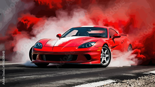 Red Hot Ride-Stunning Image of a Red Sports Car Burning Rubber with Red Smoke-Experience the Thrill of Speed and Power-Car Photography at Its Finest