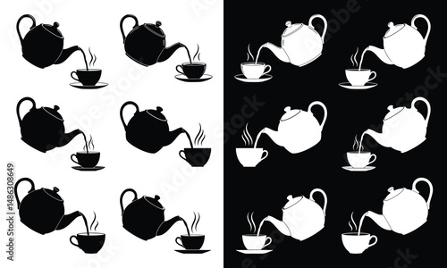 Seamless Teapot and Teacup Pattern Vector – Black and White Teapot Silhouette Design