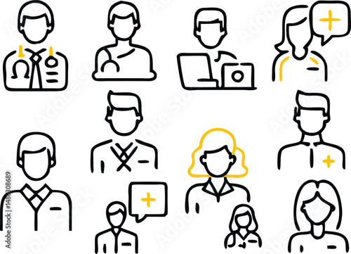 Medical Team Line Icons – Doctors, Nurses, and Healthcare Workers in Modern Minimalist Style Adobe Illustrator Artwork.