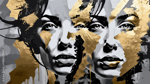 Striking Portrait Art - Black and White Faces with Gold Accents - Modern Artistic Expression - Unique Wall Decor - Contemporary Home Design Inspiration