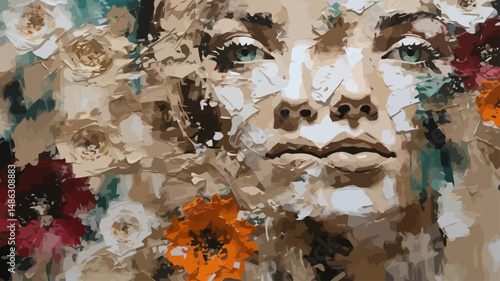 Textured Beauty-A Woman's Portrait Surrounded by Flowers-Impasto Painting with Rich Details-Floral Art-Elegant Woman with Green Eyes-Fine Art Prints Available