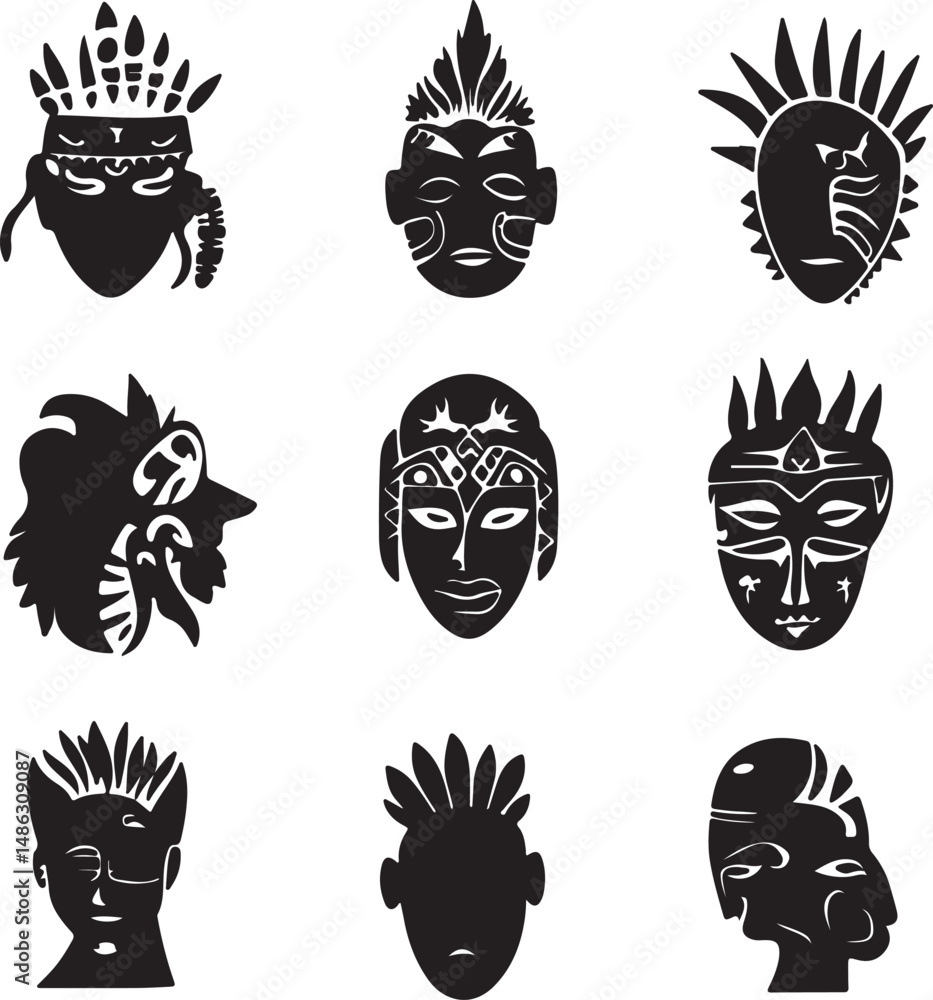 Fototapeta premium Tribal Masks Silhouettes: Vector Art Collection, Black and White Faces