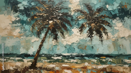 Tropical Palm Trees Painting-Textured Seascape Art-Ocean View with Palm Trees-Impasto Style-Beach Art-Coastal Decor-Tropical Art-Palm Tree Wall Art