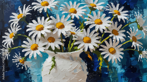 Vibrant Daisy Bouquet Oil Painting-Textured White Flowers in Vase-Bold Blue Background-Floral Art Print-Impressionistic Still Life Painting