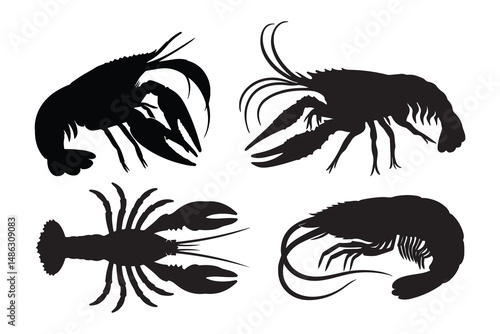 Seafood Silhouette Collection: An assortment of black silhouette designs showcase a diverse array of marine delicacies. Perfect for culinary themes or seafood branding.