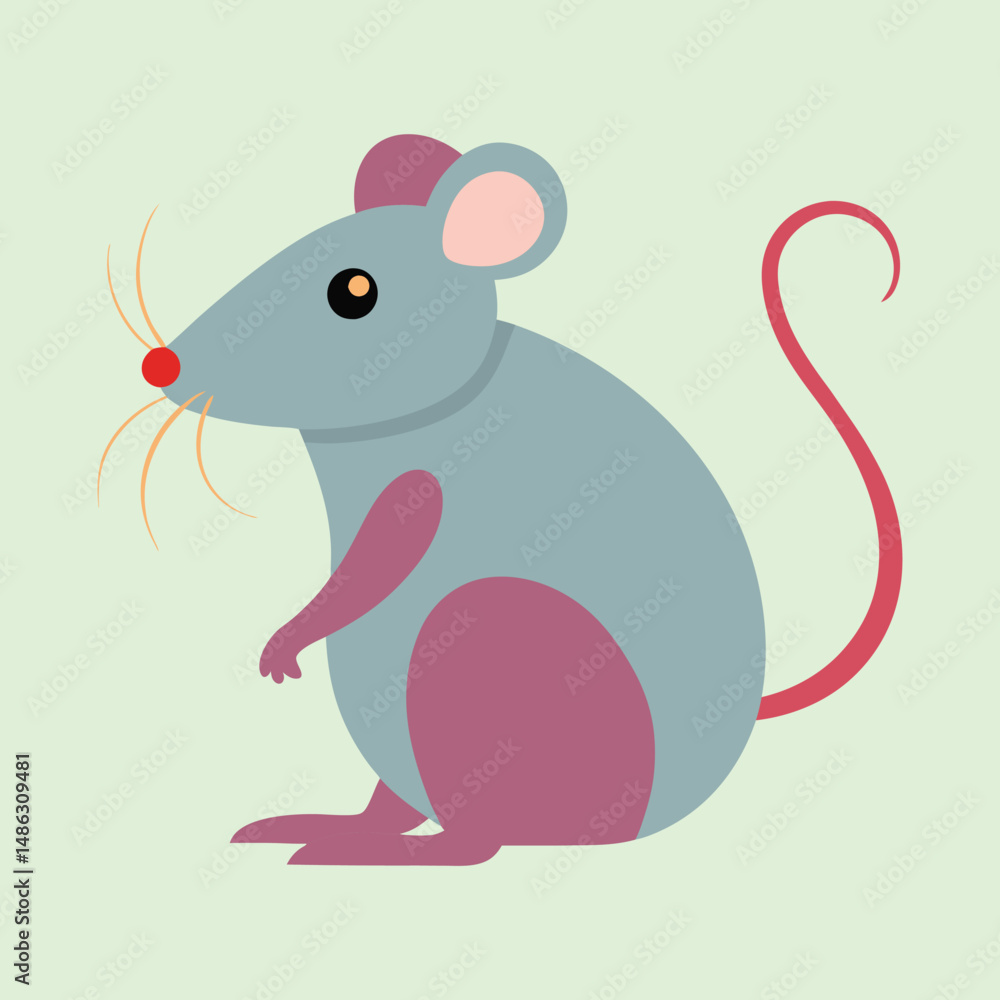 Fototapeta premium Stylized cartoon gray mouse with pink accents and light green background