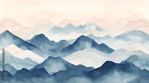 A seamless watercolor abstract mountain range pattern, using soft hues to evoke a serene and expansive landscape