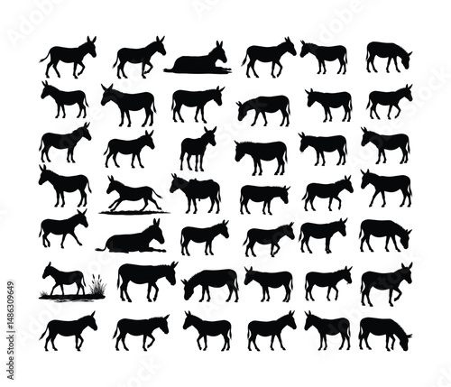 Donkey Silhouette Vector Clipart Bundle | Farm Animal Black Outline Graphic for Sublimation and T-Shirt Design .