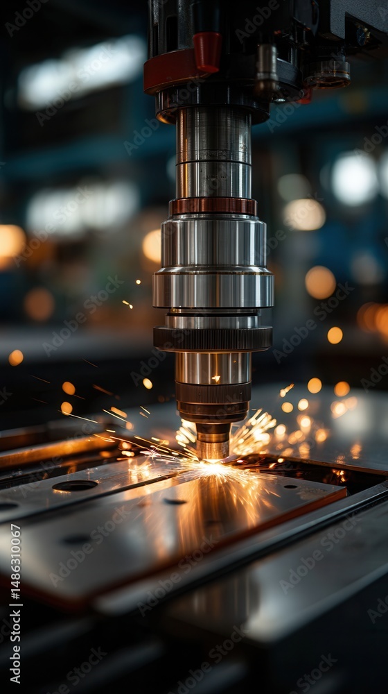 Powerful industrial laser cutting metal in manufacturing workshop Powerful industrial laser cutting metal in manufacturing workshop