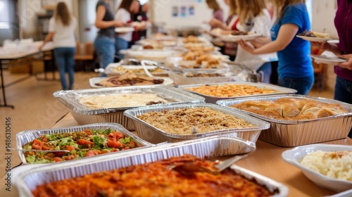 A long table filled with various homemade dishes invites a sense of community at the potluck dinner. Friends gather, serving plates and sharing meals together