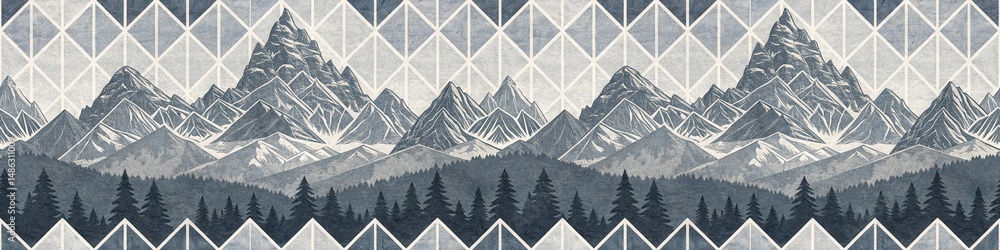 Fototapeta premium A stylized geometric pattern depicting mountain ranges and pine forests in cool, muted tones.