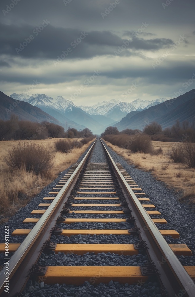 Fototapeta premium Endless Railway Through Misty Mountains Under Cloudy Sky