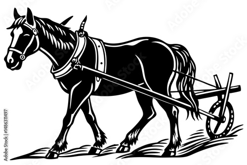 Black silhouette horse in plow harness side angle on white, horse, plow, harness, agriculture, farming, silhouette, farm, vector, animal, equine, black, draft horse, side view, livestock, rural, count