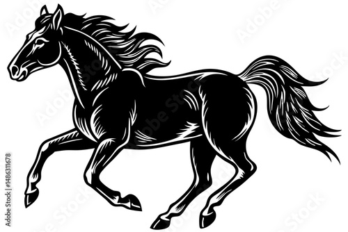 Elegant horse cantering in three quarter view black silhouette design, horse, canter, running, equestrian, silhouette, vector, design, illustration, animal, mammal, equine, graceful, elegant, freedom,