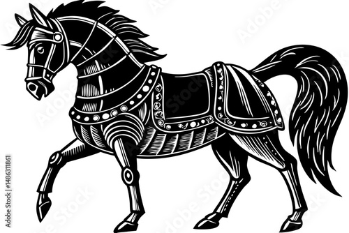 Silhouette horse in battle armor side view black and white design, horse, armor, battle, silhouette, animal, equestrian, knight, warrior, medieval, vector, design, illustration, side view, warhorse