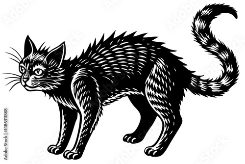 Silhouette of cat with arched back in defensive posture vector design, cat, silhouette, arched back, vector, animal, pet, feline, mammal, illustration, design, scared, defensive, aggressive, warning, 