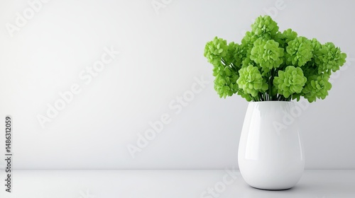Green flowers sit in a white vase against a white background on a white surface.