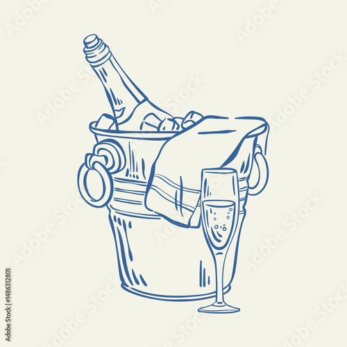 Champagne bottle in ice bucket hand drawn ink sketch. Cold sparkling alcoholic beverage in a metal pail. Whimsical luxury line art vector illustration of champagne in the bucket. Vintage illustration.
