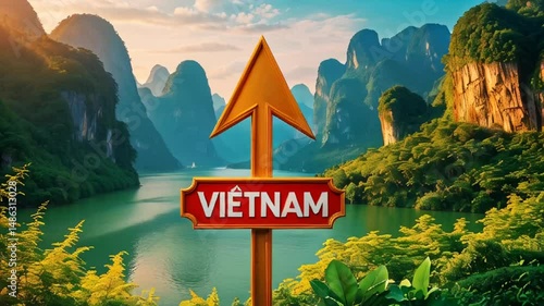 on the pole there is a direction arrow with the inscription Vietnam against the background of a picturesque summer landscape