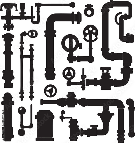 Silhouette of Plumbing Pipes, Valves, and Fittings Vector Graphic