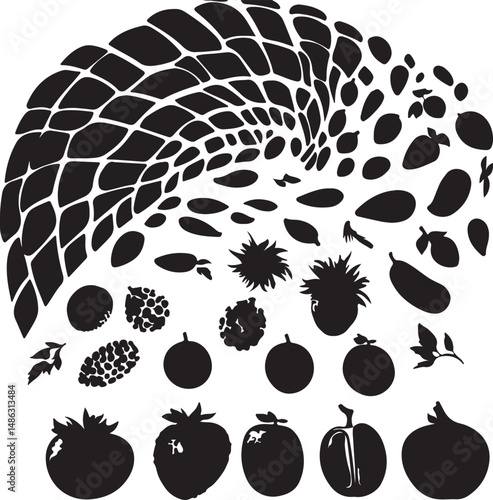 Black and White Fruit and Vegetable Silhouette Vector Illustration