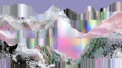 Abstract glitched mountain landscape with vibrant colors and textures