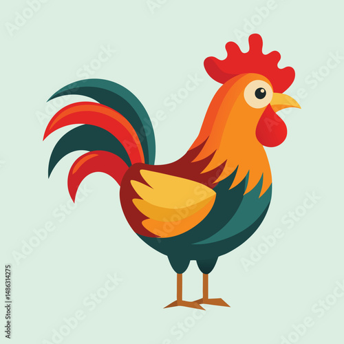Colorful and stylized rooster standing proudly on a light green background illustration