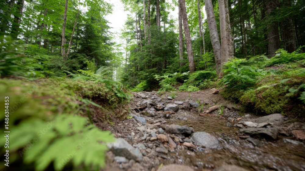 Fototapeta premium A serene stream flows over smooth rocks in a lush forest, embraced by ferns and moss, while gentle light filters through the treetops, creating tranquility