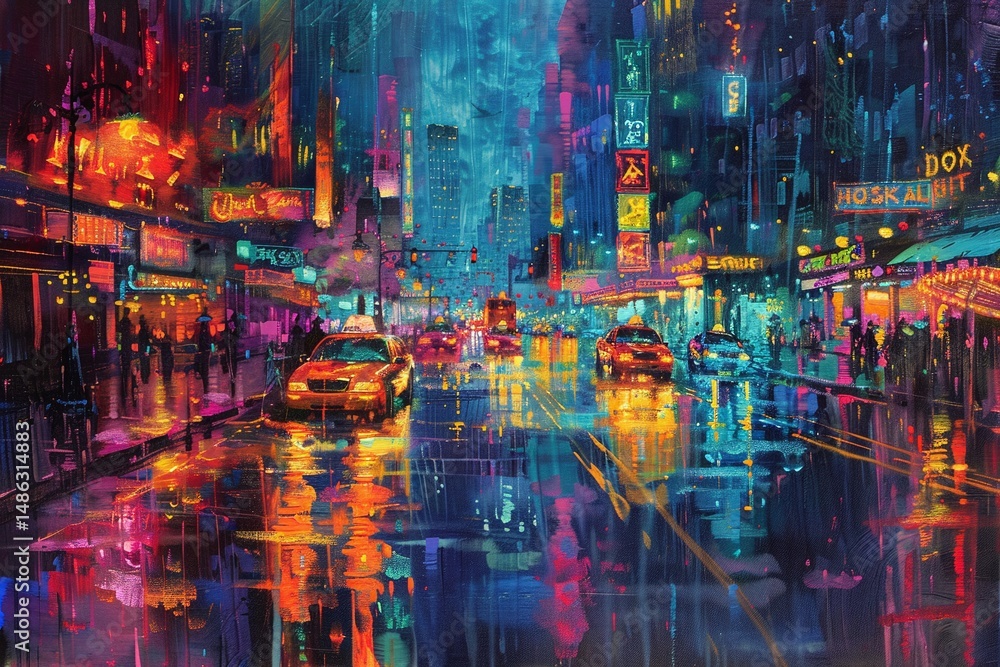 Obraz premium Rainy Night in a Vibrant Neon City Varient 3
