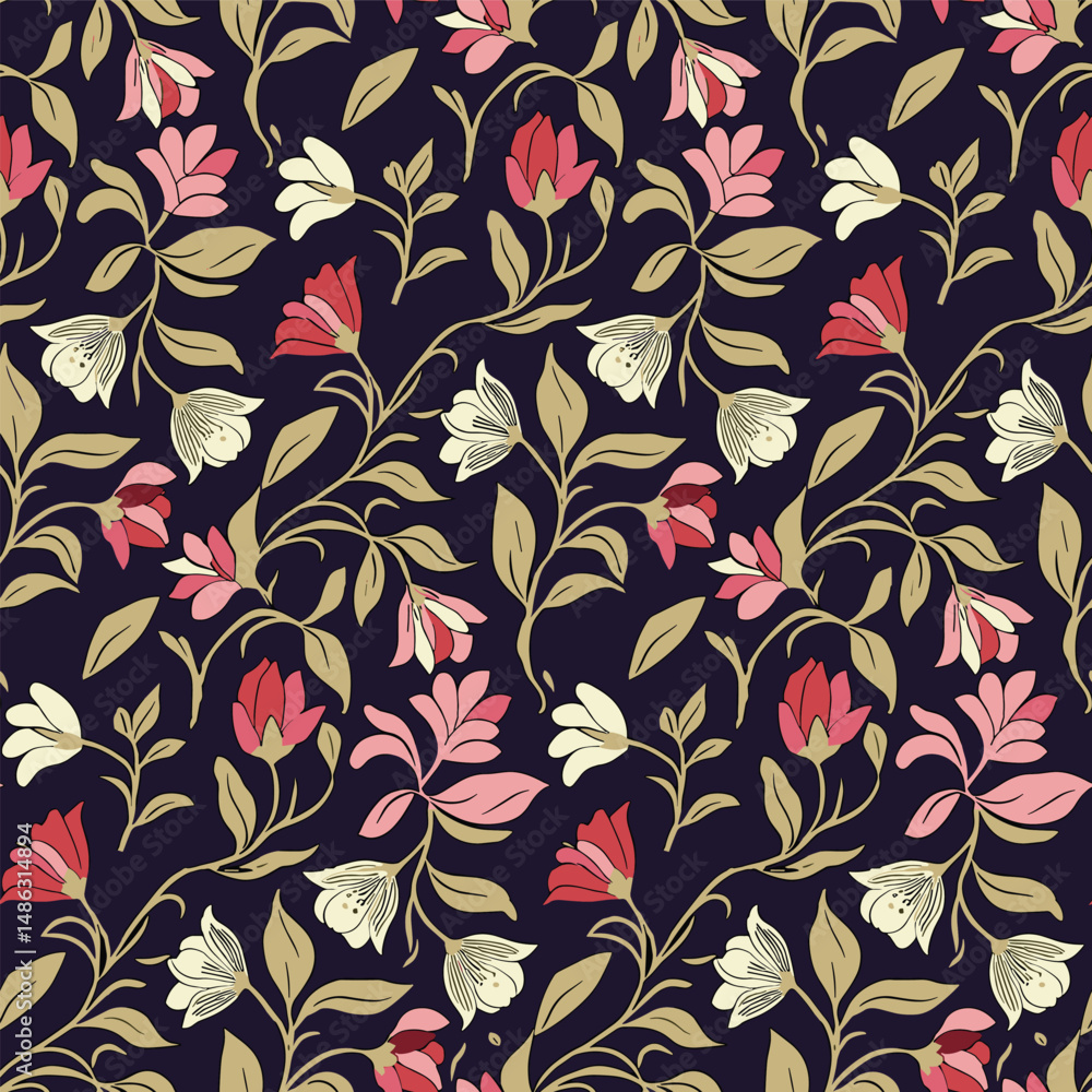 Dense Floral Pattern With A Dark Blue Background And Stylized Flowers In Shades Of Red, Pink, And White, Accented By Golden-Brown Stems And Leaves.
Dense Floral Pattern With A Dark Blue Background And Stylized Flowers In Shades Of Red, Pink, And White, Accented By Golden-Brown Stems And Leaves.