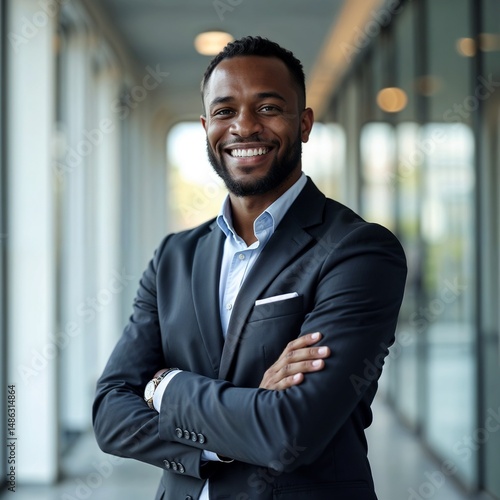 Confident businessman smiling with arms crossed in modern office setting
