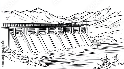 Mountain Dam Sketch, water flowing, nature background, graphic design, stock photo photo