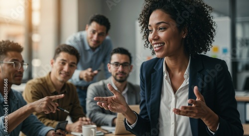 Confident businesswoman leading team discussion in modern office meeting