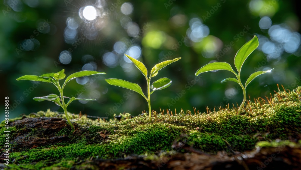 Three young green seedlings growing in mossy forest Sunlight shining New life beginning in nature Three young green seedlings growing in mossy forest Sunlight shining New life beginning in nature