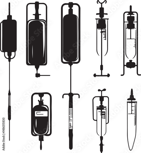 Medical IV Drip Bag Vector Illustration, Black & White Silhouette Art