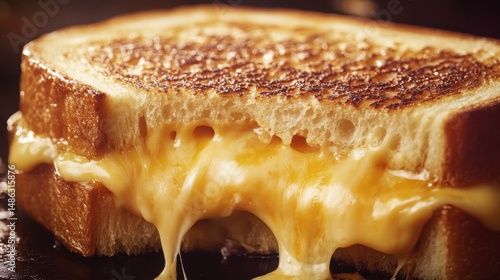 Melted cheese oozes from a perfectly grilled sandwich on a black skillet in a cozy kitchen
