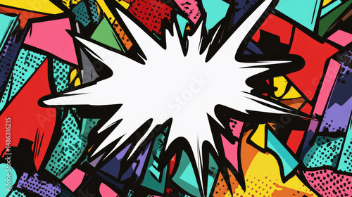 A vibrant explosion of colorful shapes with a blank speech bubble in the middle