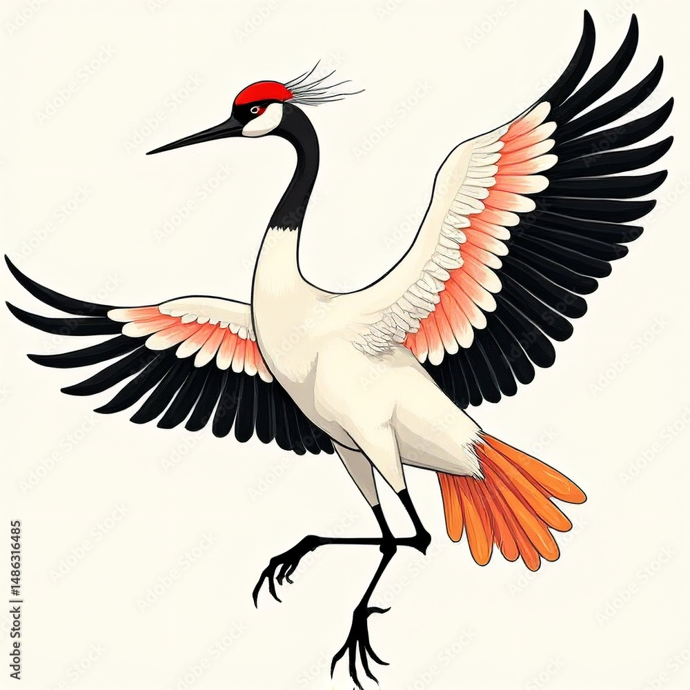 Fototapeta premium Modern Ukiyo-e illustration of a Japanese crane with vibrant colors