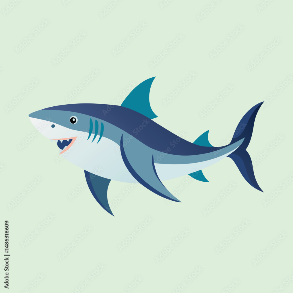 Obraz premium Cartoon shark on light green background with flat vector graphics style