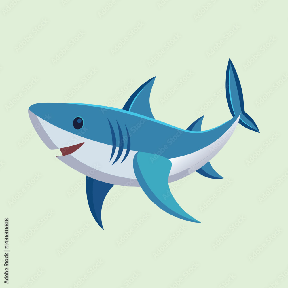 Fototapeta premium Cartoon Shark Floating Freely with a Pleasant Expression on Light Green Background