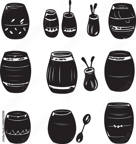 Black and White Vector Art of Yerba Mate Gourds and Bombillas Set
